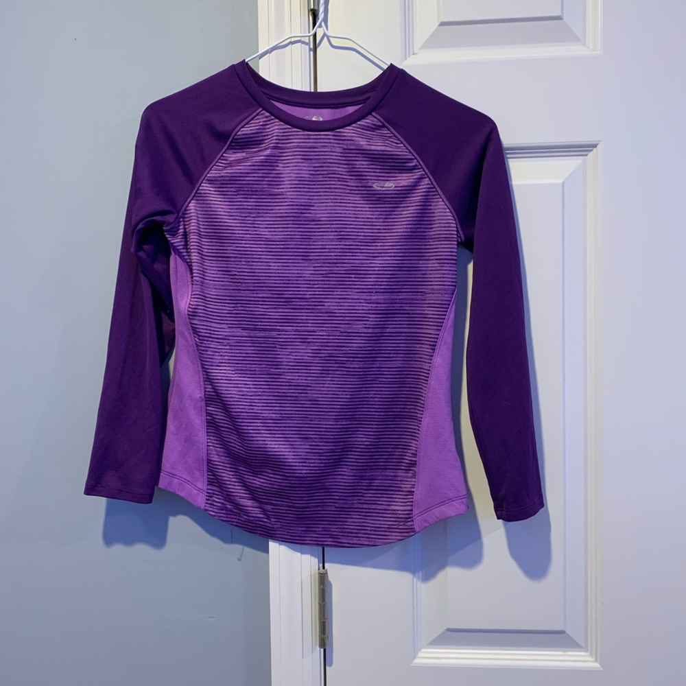 purple champion long sleeve athletic wear shirt